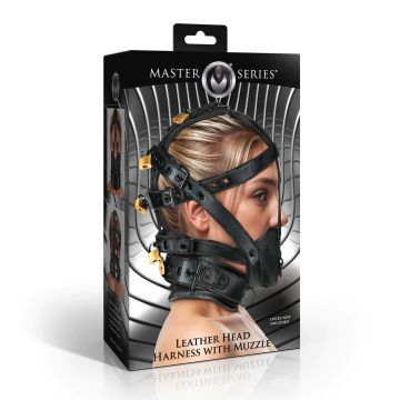 Master Series Leren Hoofdharnas met Muzzle - Zwart